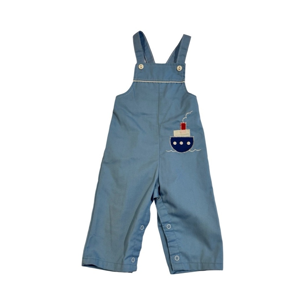 Vintage Health Tex Light Blue Nautical Tugboat Applique Bib Overalls Snaps Blue